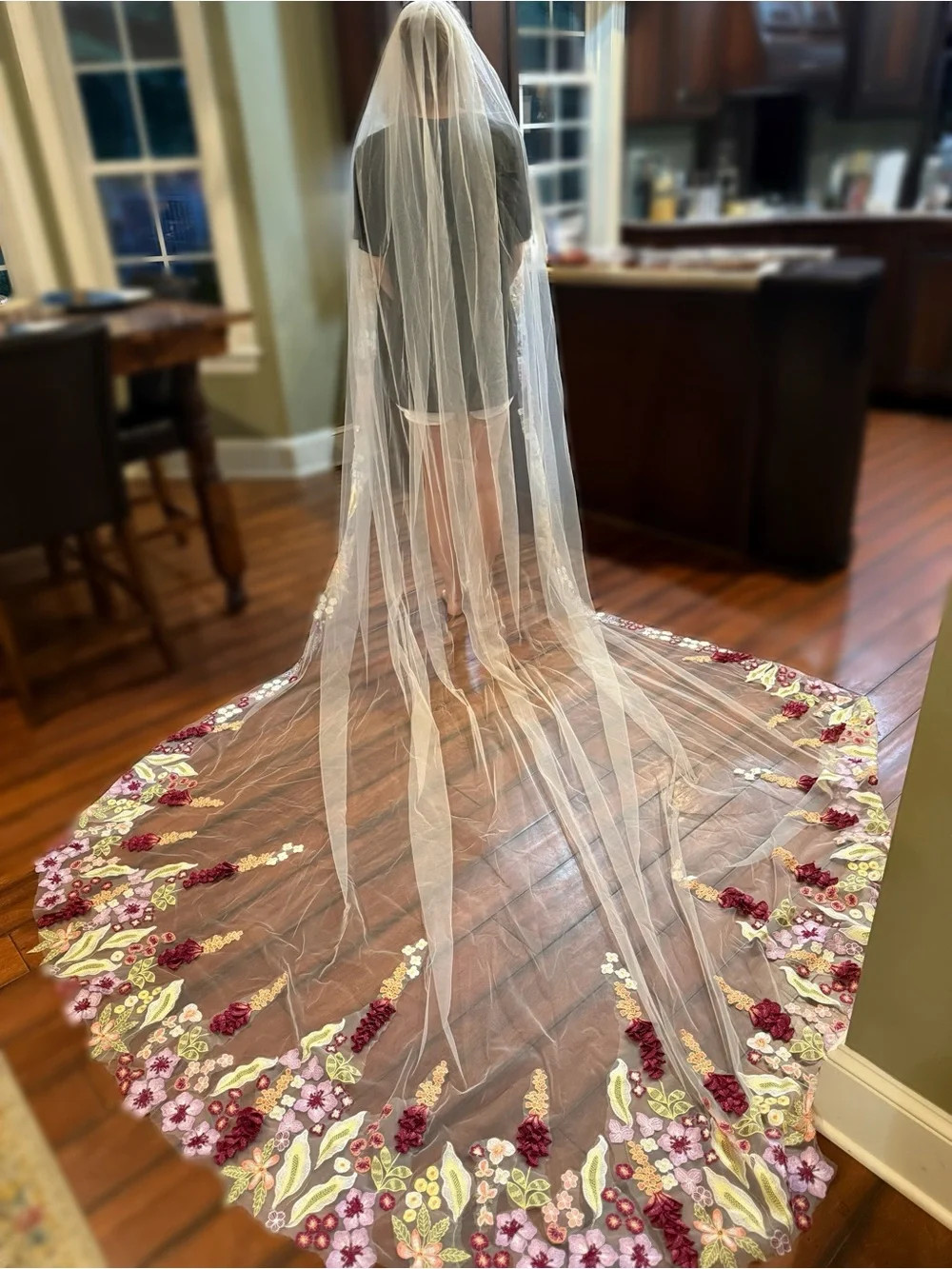 Floral Embroidered Cathedral Veil with Burgundy & Lilac Accents